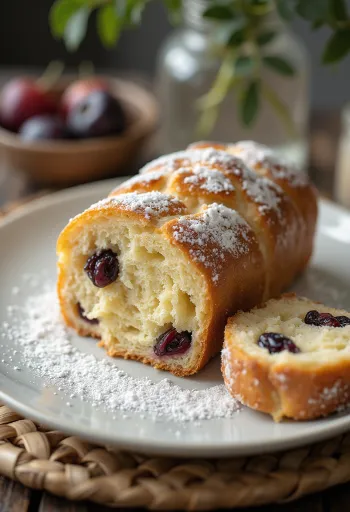 Szilvás-marcipános Stollen szeletelve, porcukorral megszórva, rusztikus felületen