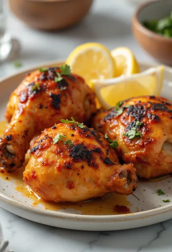 Tandoori csirke joghurtos pácban sütve, friss zöldfűszerekkel tálalva