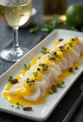 Tiradito passion fruit szósszal tálalva, friss korianderrel díszítve