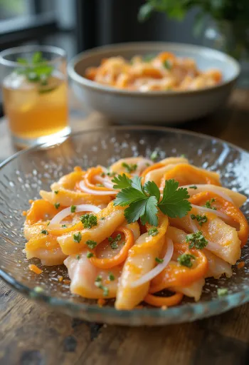 Tiradito rocoto szósszal, friss hal szeletekkel és korianderrel