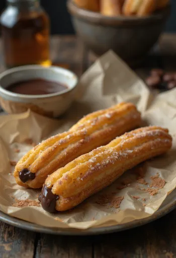 Töltött churro aranybarna, ropogós külsővel és csokoládékrémmel tálalva