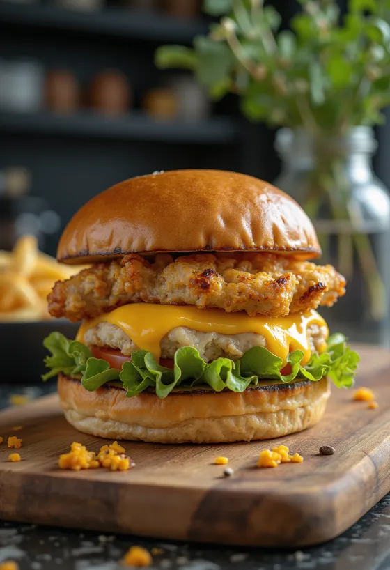 Töltött csirkés hamburger grillezett csirkével és olvadó sajttal