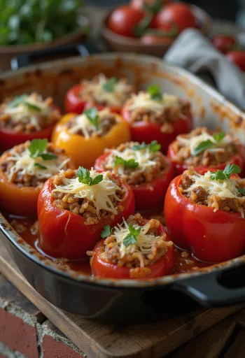 Töltött paprika darált marhahússal tálalva