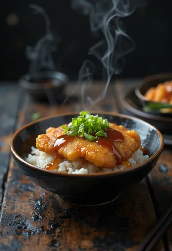 Tonkatsu tál szójaszósz, szezámmag és koriander díszítéssel