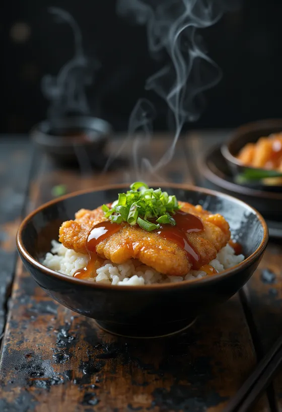 Tonkatsu tál szójaszósz, szezámmag és koriander díszítéssel