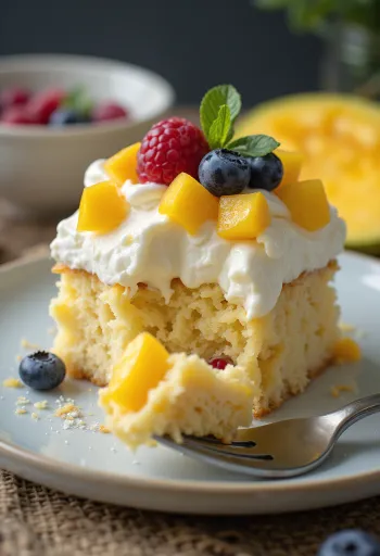 Tres leches gyümölcsökkel tálalva, friss bogyós gyümölcsökkel és mangóval díszítve