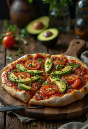 Vegán pizza avokádóval és friss zöldségekkel tálalva