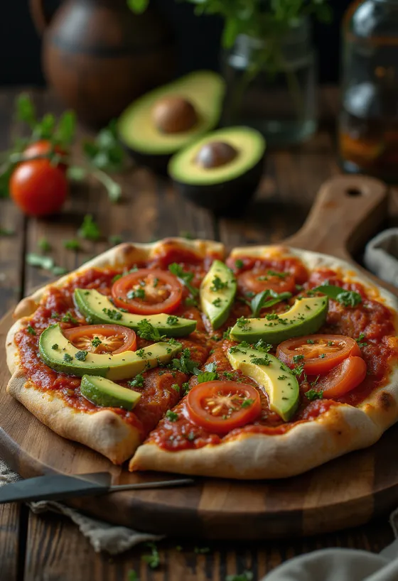 Vegán pizza avokádóval és friss zöldségekkel tálalva