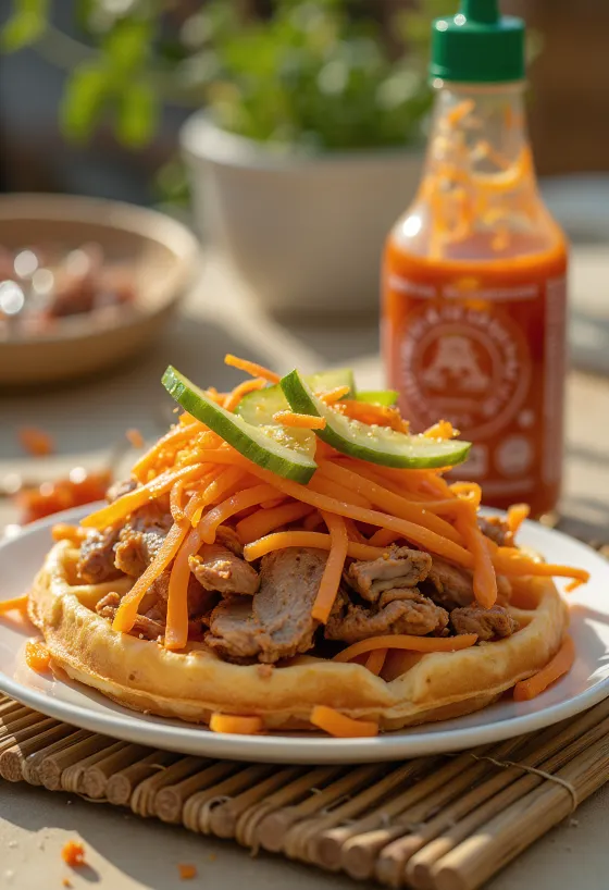 Banh Mi gofri tálalva friss zöldségekkel és sült sertéshússal
