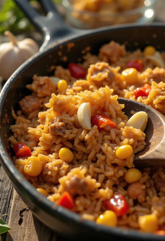 Arroz carreteiro fűszeres változatban, gazdag rizses étel, húsokkal és zöldségekkel tálalva