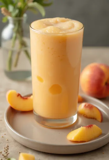 Frissítő barackos smoothie pohárban banánszeletekkel