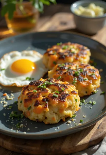 Bubble and squeak sárgarépával, pirítva és friss petrezselyemmel tálalva