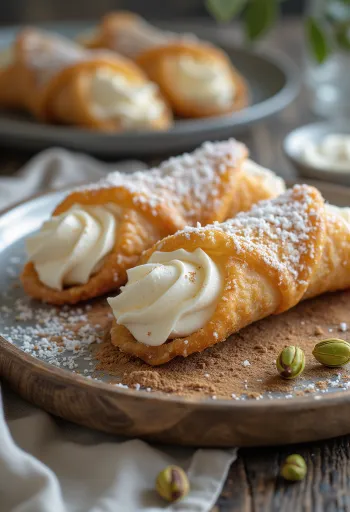 Cannoli kókuszreszelékkel, csokoládéval és pörkölt pisztáciával díszítve