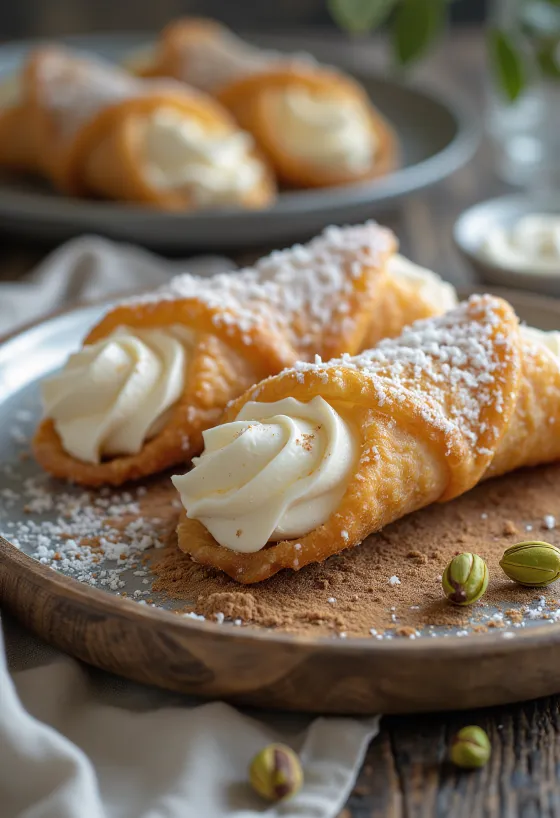 Cannoli kókuszreszelékkel, csokoládéval és pörkölt pisztáciával díszítve