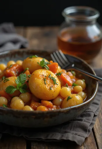 Caponata gluténmentes változatban padlizsánnal, paradicsommal és olívabogyóval tálalva