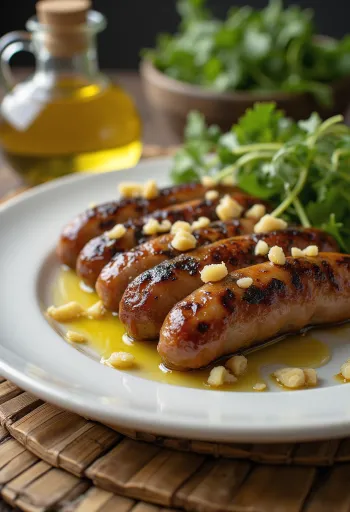 Cevapi olívaolajjal, frissen sült és szép aranybarna, pita kenyéren tálalva