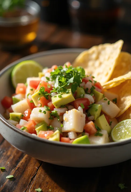 Ceviche Mexicano, frissen tálalva tortillachips-szel
