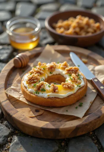 Diós-kecskesajtos bagel tálalva