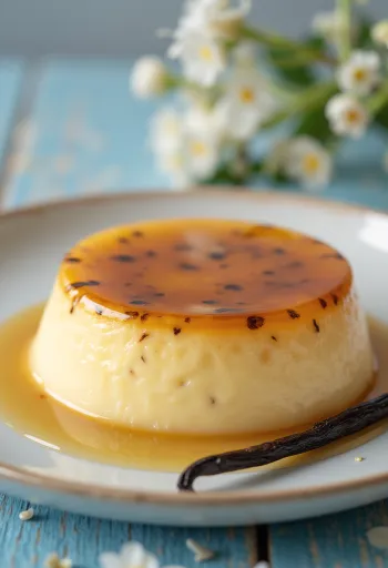 Flan vaníliával, karamellás öntettel tálalva