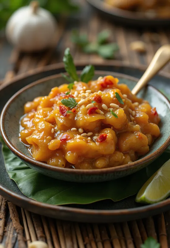 Fokhagymás szezámos lime chutney tálalva