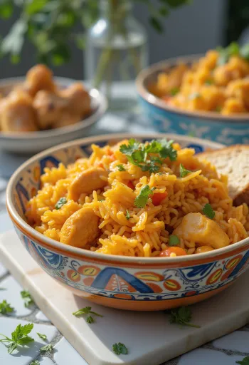 Jollof rizs csirkével tálalva