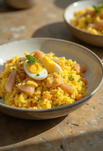 Kedgeree tálalva füstölt hallal és főtt tojással