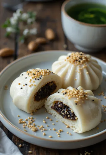 Kínai gőzölt édes baozi fekete szezámmagos-mogyorós töltelékkel, bambuszgőzölőben tálalva