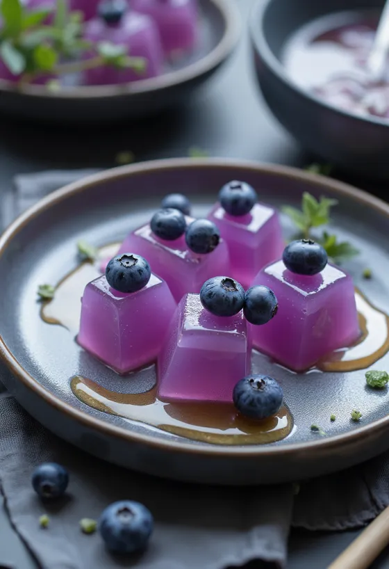 Kuzumochi acai porral, friss gyümölcsökkel tálalva