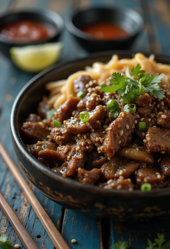 Marha Bulgogi Szezámmaggal koreai stílusú étel tálalva