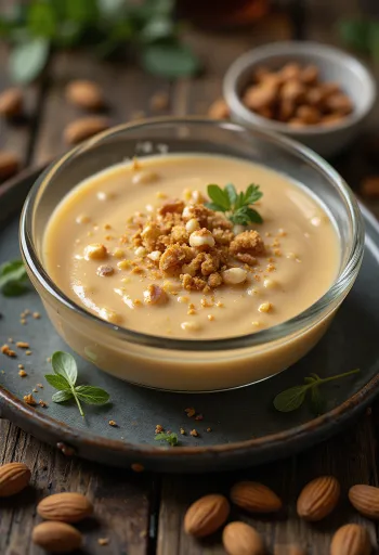 Mojo de almendras, mandulás szósz üvegben, friss petrezselyemmel díszítve