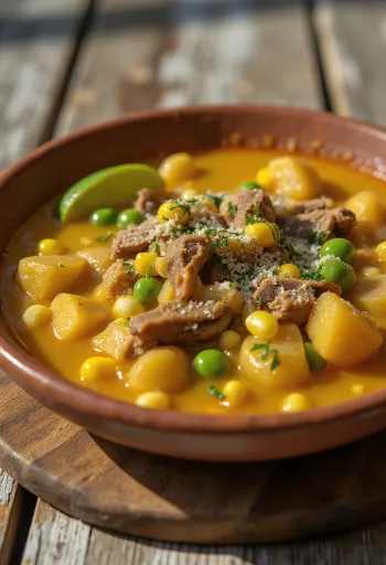 Mondongo con verduras, gazdag húsos és zöldséges leves.