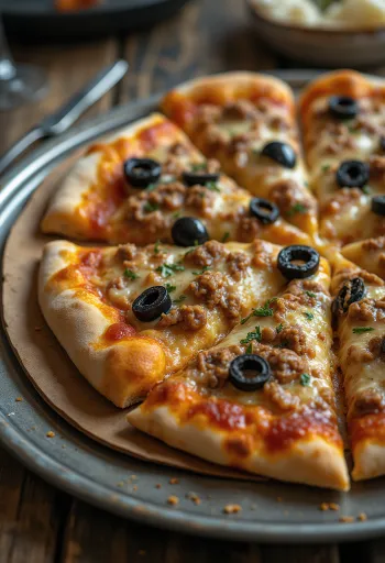 Líbiai stílusú pizza fűszeres hússal és olívával