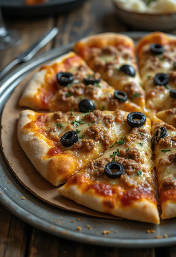 Líbiai stílusú pizza fűszeres hússal és olívával