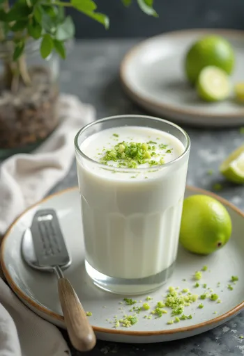 Kókusz-lime kefir ital poharakban tálalva, világos krémes szín, lime héjjal díszítve