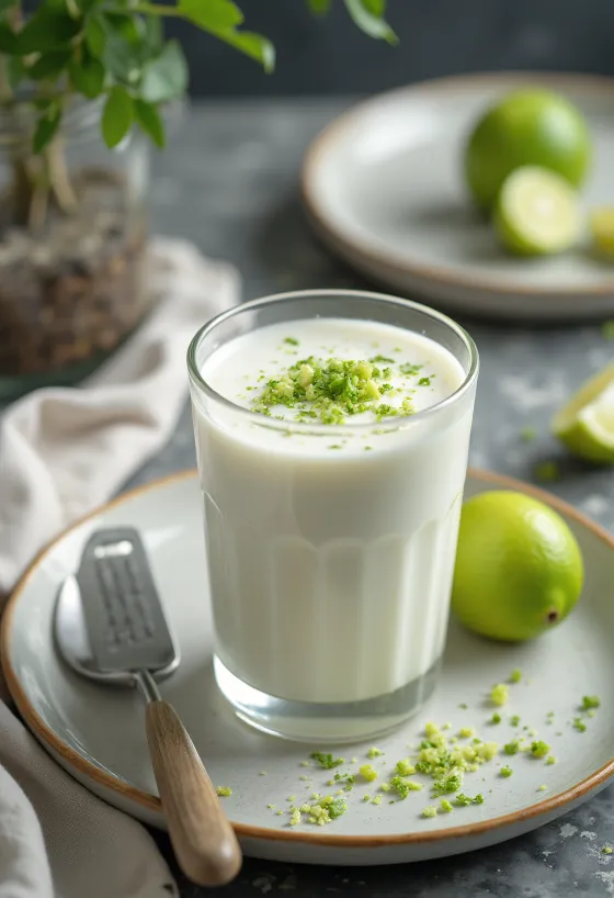 Kókusz-lime kefir ital poharakban tálalva, világos krémes szín, lime héjjal díszítve