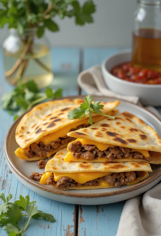Quesadilla marhahússal, reszelt sajttal és friss paprikával tálalva