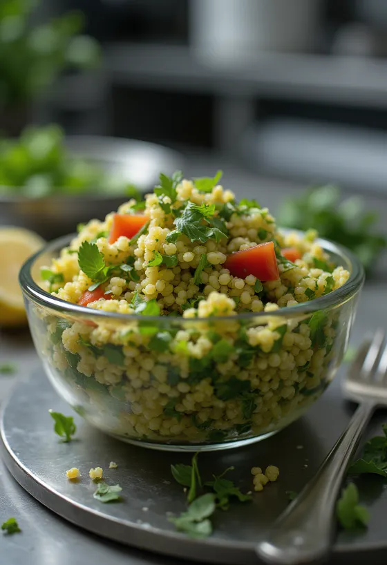 Quinoa tabbouleh friss zöldfűszerekkel tálalva