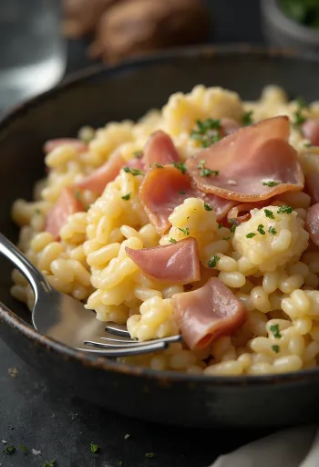 Sonkás rizottó frissen tálalva, gazdag krémes állagú, parmezán sajttal megszórva
