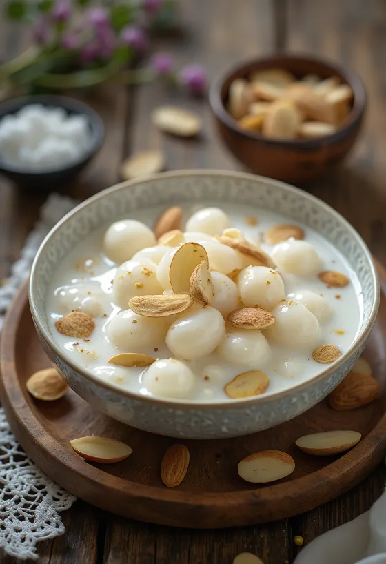 Sabudana kheer desszert mandulával és kardamommal díszítve