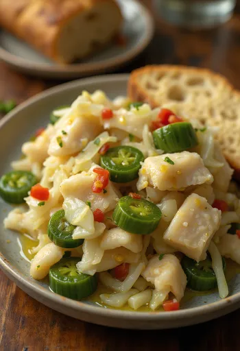 Saltfish okrával és káposztával tálalva