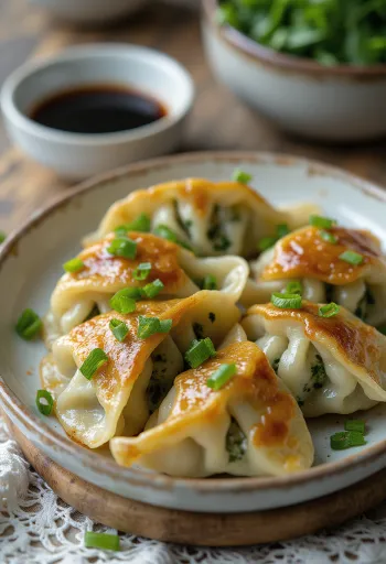 Spinach Gyoza tálalva spenótos töltelékkel és szójaszószos mártogatóval