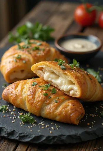 Stromboli mozzarellával tálalva, gazdag mozzarellával a tetején, kívül ropogós és belül puha.