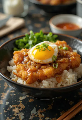 Sült tojásos katsudon, ropogós csirkével és tojással tálalva