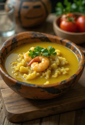 Tacacá cuia-ban tálalva, garnélával, jambu levelekkel és acarajé frittekkel