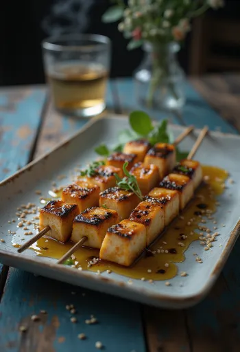 Tofu Satay, grillezett tofu nyársak friss zöldségekkel