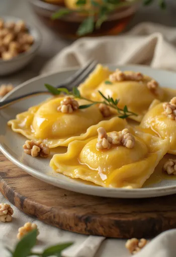 Almás pitét idéző ravioli tálalva