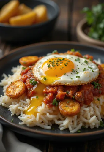 Arroz a la Cubana tálalva paradicsomos darált hússal, sült banánnal és tükörtojással
