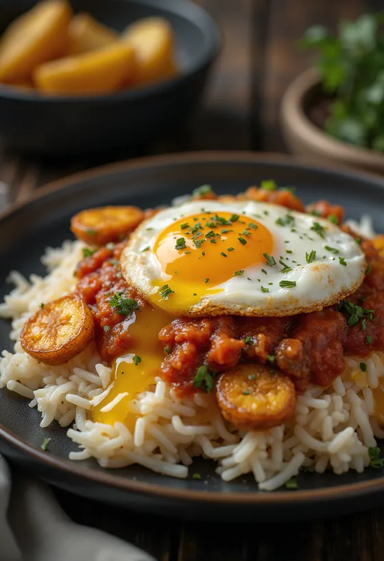 Arroz a la Cubana tálalva paradicsomos darált hússal, sült banánnal és tükörtojással