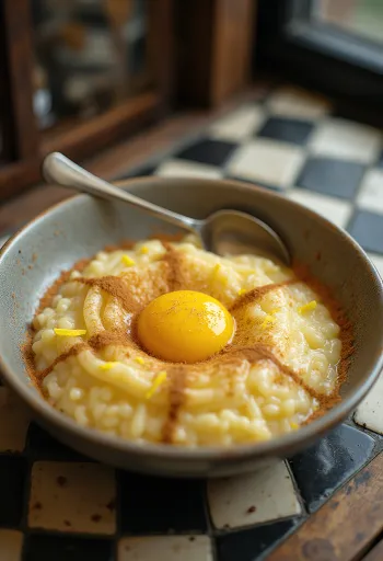 Arroz doce tojássárgájával, fahéjjal és citromhéjjal tálalva