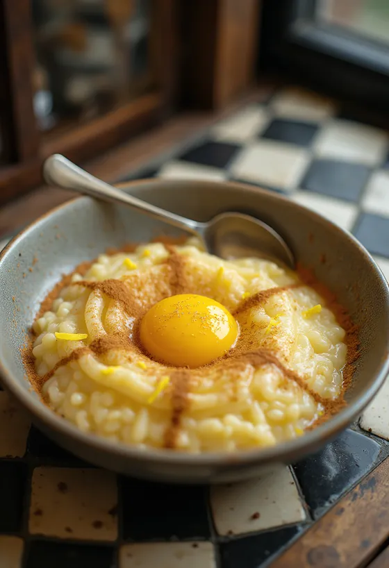 Arroz doce tojássárgájával, fahéjjal és citromhéjjal tálalva